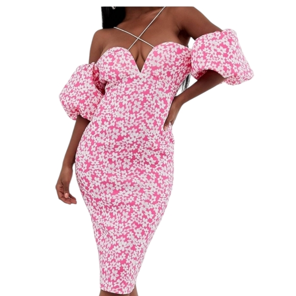 ASOS Dresses & Skirts - ASOS Design Bardot Bubble Sleeve Strappy Floral Midi Dress